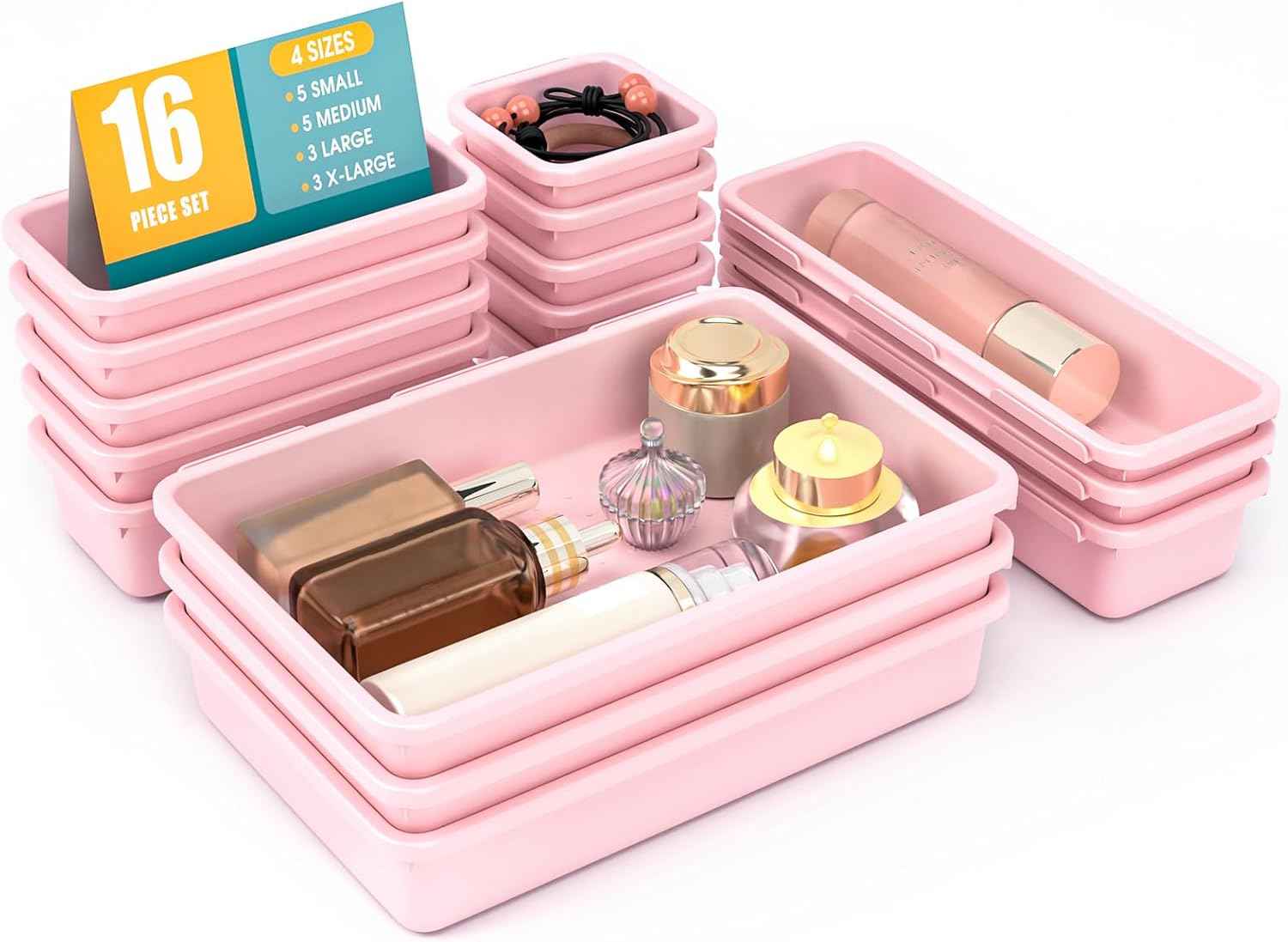 10 PCS Drawer Organizer Set, 4 Size Makeup Drawer Divider Organizer With Non-Slip Pads, Interlocking Plastic Storage Bins for Office,Jewelry Vanity,Gadgets, Bathroom,Kitchen, Black
