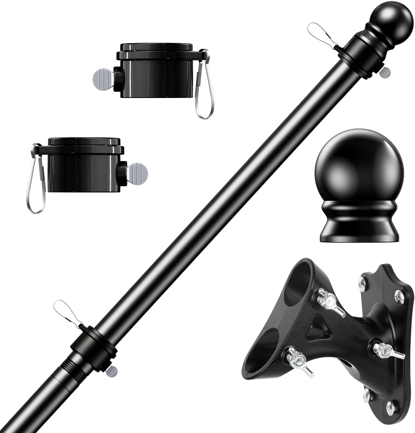 PHITRIC Flag Pole Kit, Tangle Free Spinning Stainless Steel Rustproof Flagpole for 3x5 Sports Fan Outdoor Flags for Outside House (Black, 5FT, with Bracket)