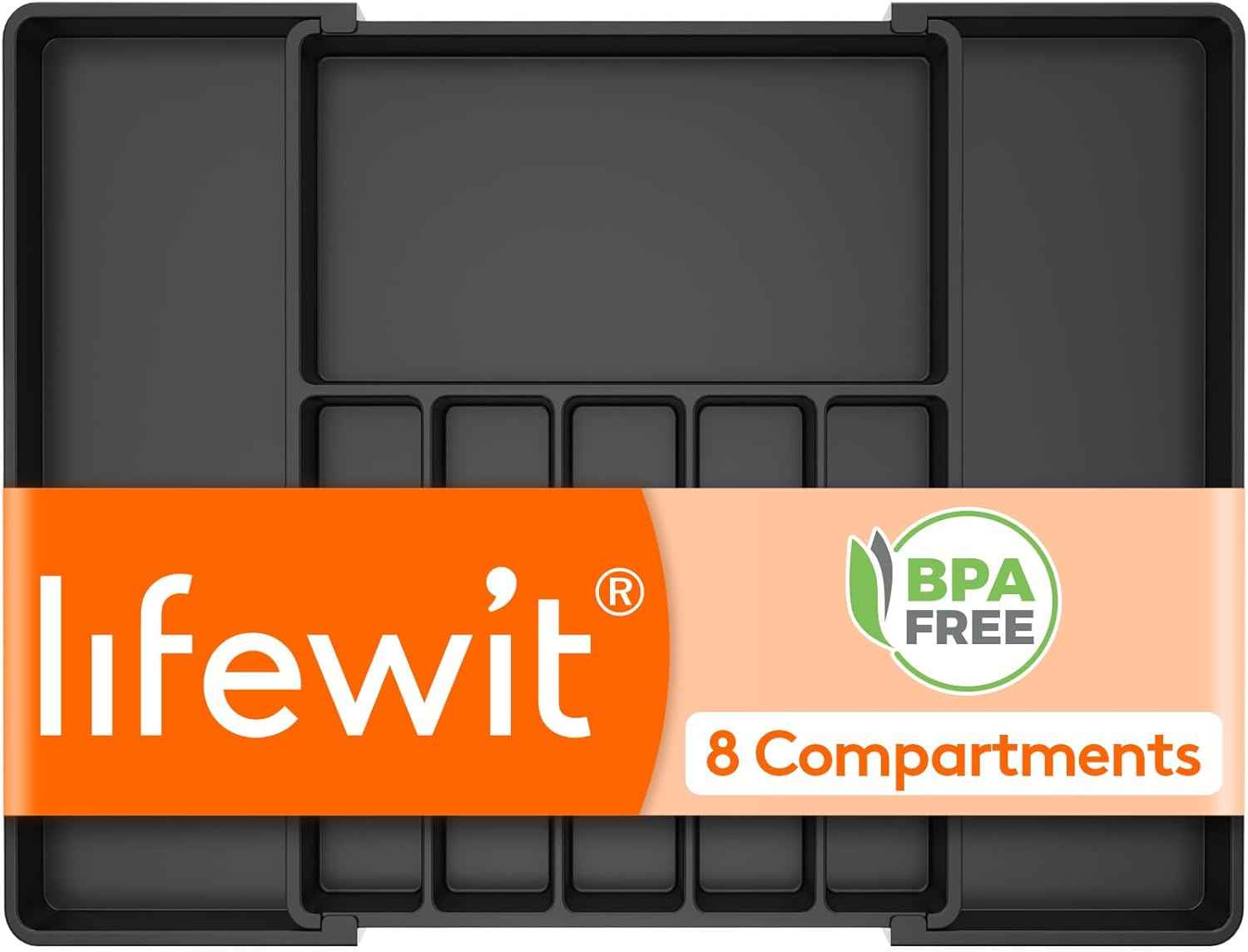 Lifewit Silverware Drawer Organizer, Expandable Utensil Tray for Kitchen, BPA Free Flatware and Cutlery Holder, Adjustable Plastic Storage for Spoons Forks Knives, 8.5-14 x 12", Black
