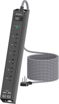 Surge Protector Power Strip - Extension Cord with Addtam 6 AC Outlets 4 USB (2 USB-C Ports), 1875W/15A, Flat Plug with Overload Surge Protection, Outlet Extender for Home Office Dorm Room Essentials