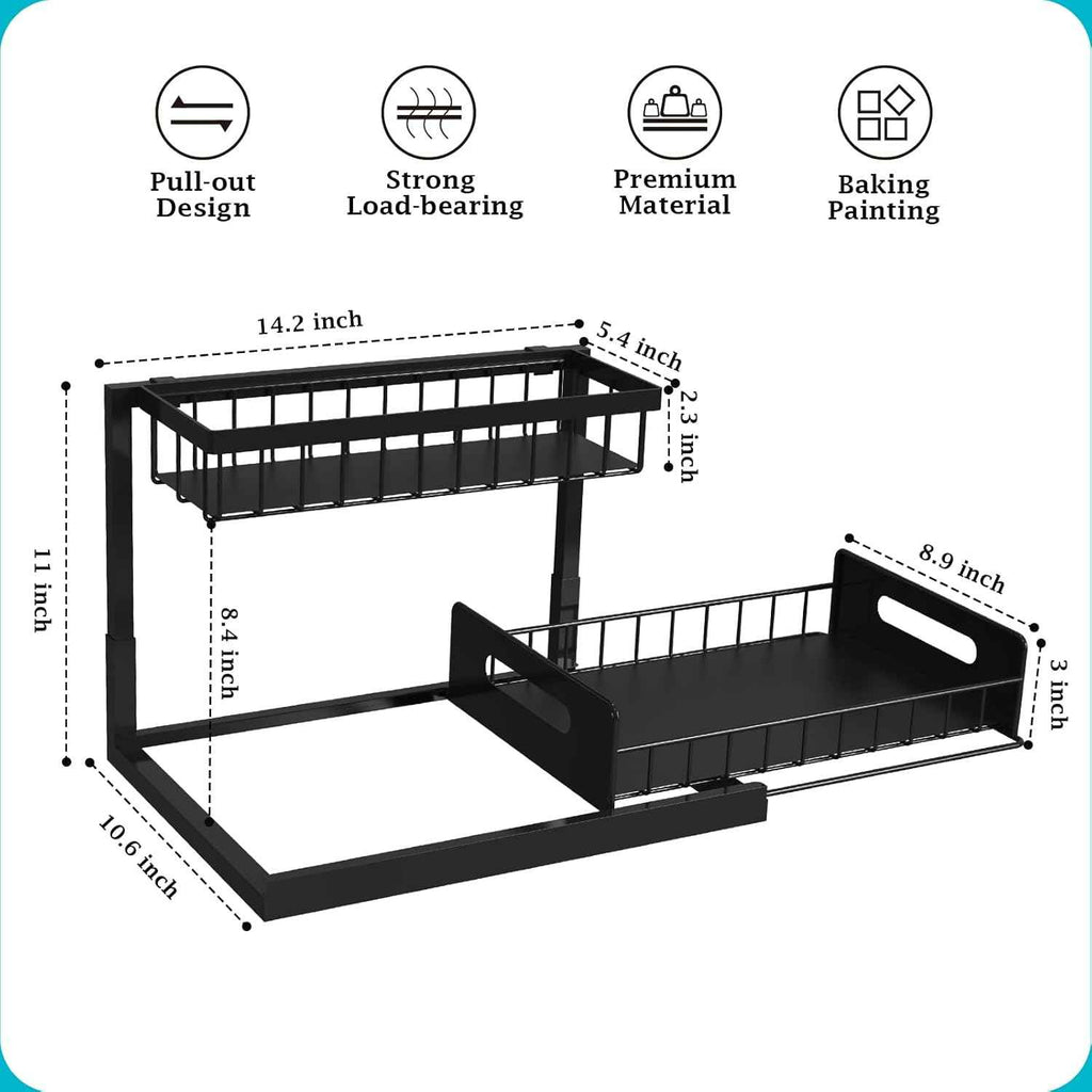 realinn black 2-tier under sink organizer with pull-out cabinet storage and slide-out shelf for small kitchens
