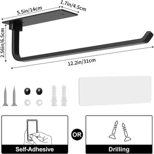 Upgraded Aluminum Paper Towel Holder - Self-Adhesive or Drilling, Matte Black, Kitchen Roll Dispenser