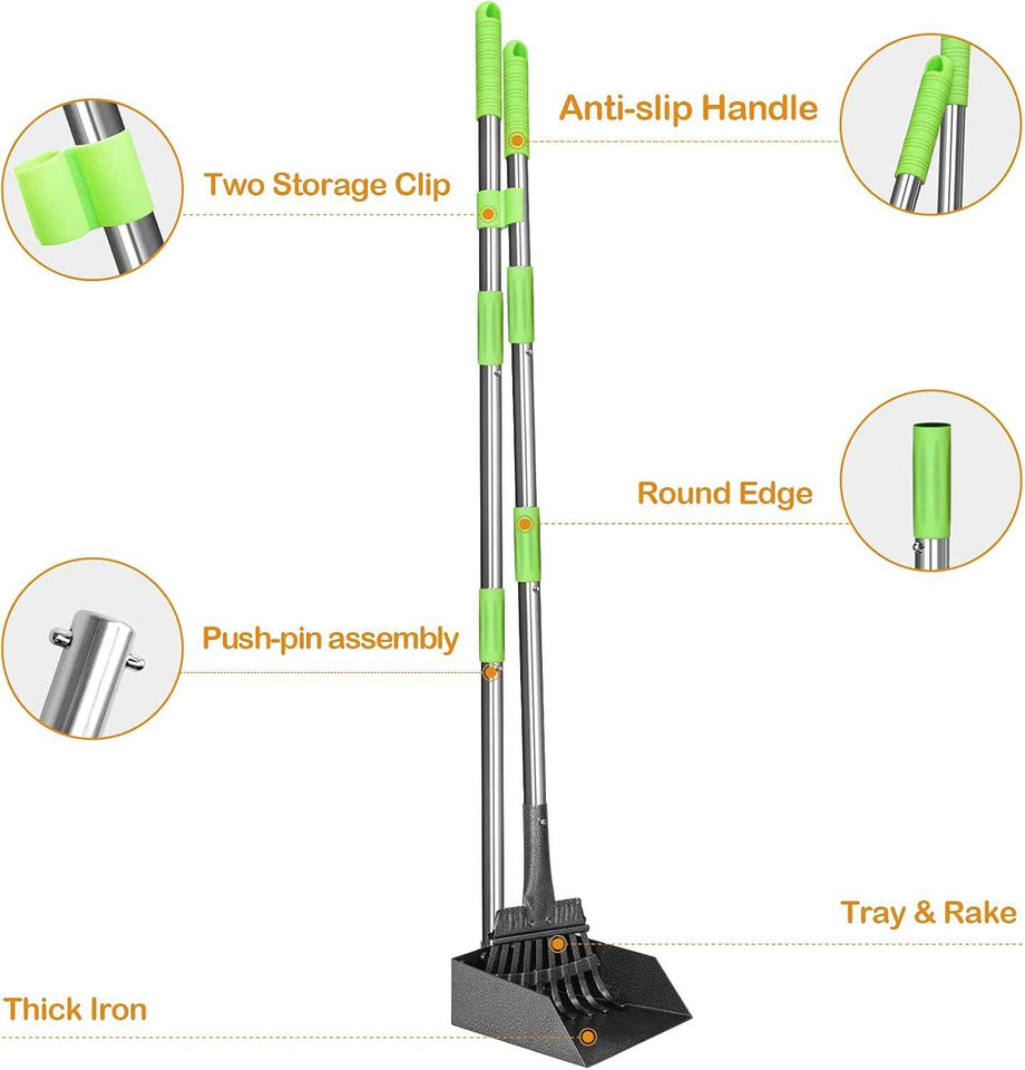 TooGe Pooper Scooper for Medium Small Dogs, Heavy Duty Pet Supplies with Stainless Metal Tray and Long Handle Rake for Grass, Dirt or Gravel