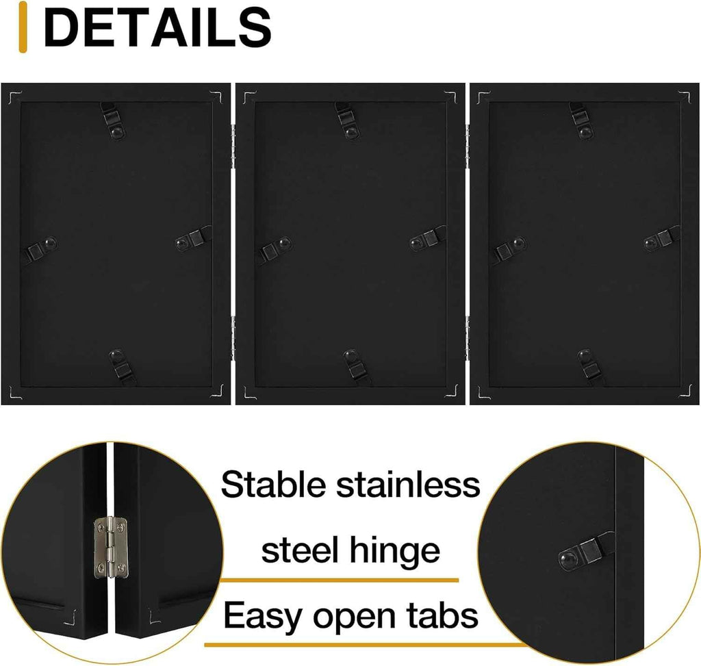 decorUhome Triple 4x6 Picture Frame Vertical, Engineered Wood Trifold Photo Frame with Plexiglass for Tabletop Display, 4x6, Black