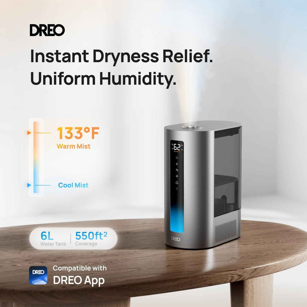 Dreo HM713S 6L Smart Humidifier for Large Bedroom, 60Hr Quiet Runtime, Warm & Cool Mist, Humidity Sensor