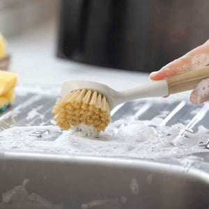 Bamboo dish scrubber brush set with built-in scraper for eco-friendly kitchen cleaning