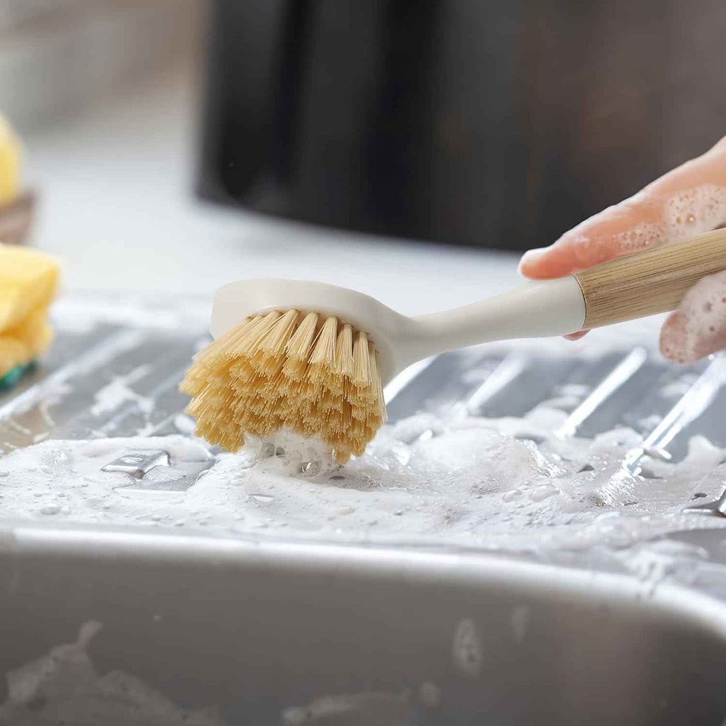 Bamboo dish scrubber brush set with built-in scraper for eco-friendly kitchen cleaning