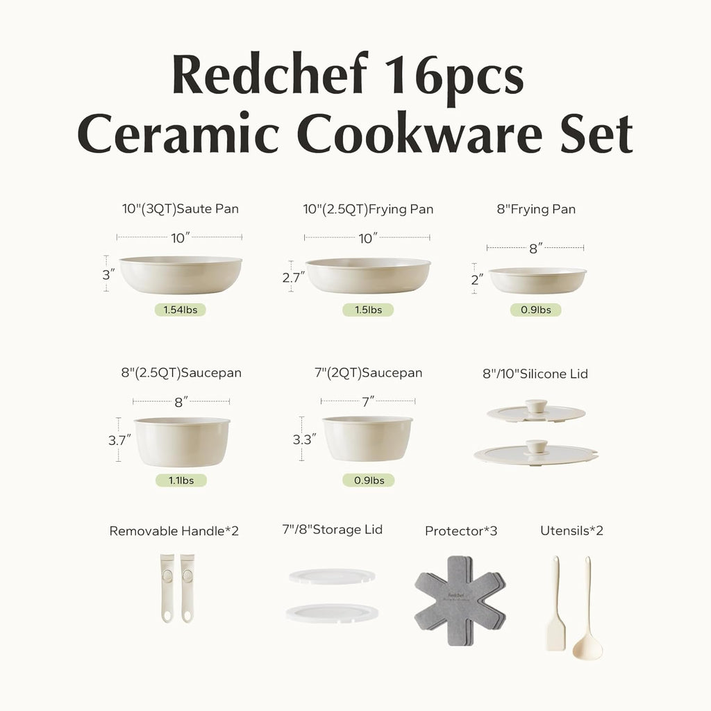 Redchef 16-piece ceramic non-stick cookware set, PFAS PFOA & PTFE free, RV camping, dishwasher oven safe