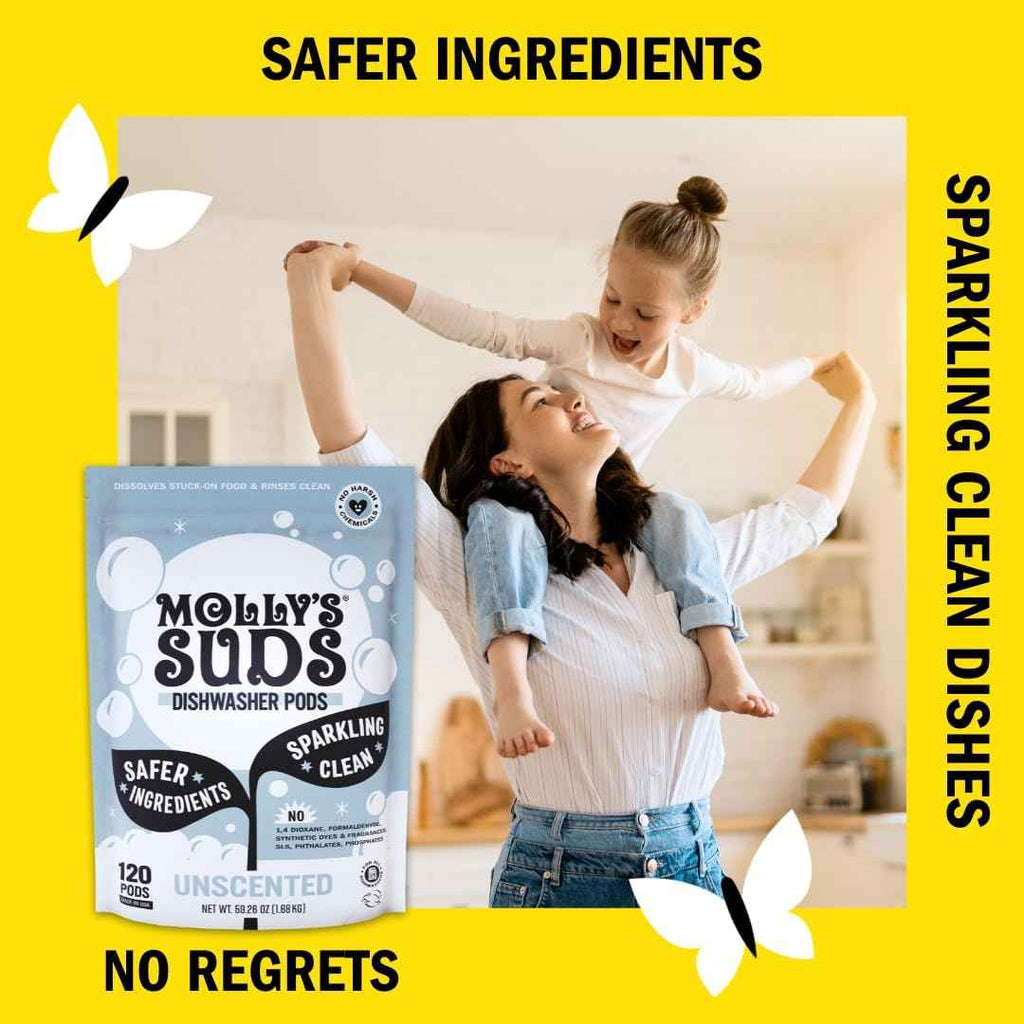 Molly's unscented dishwasher pods, 60-count, grease-cutting, eco-friendly, residue-free cleaning