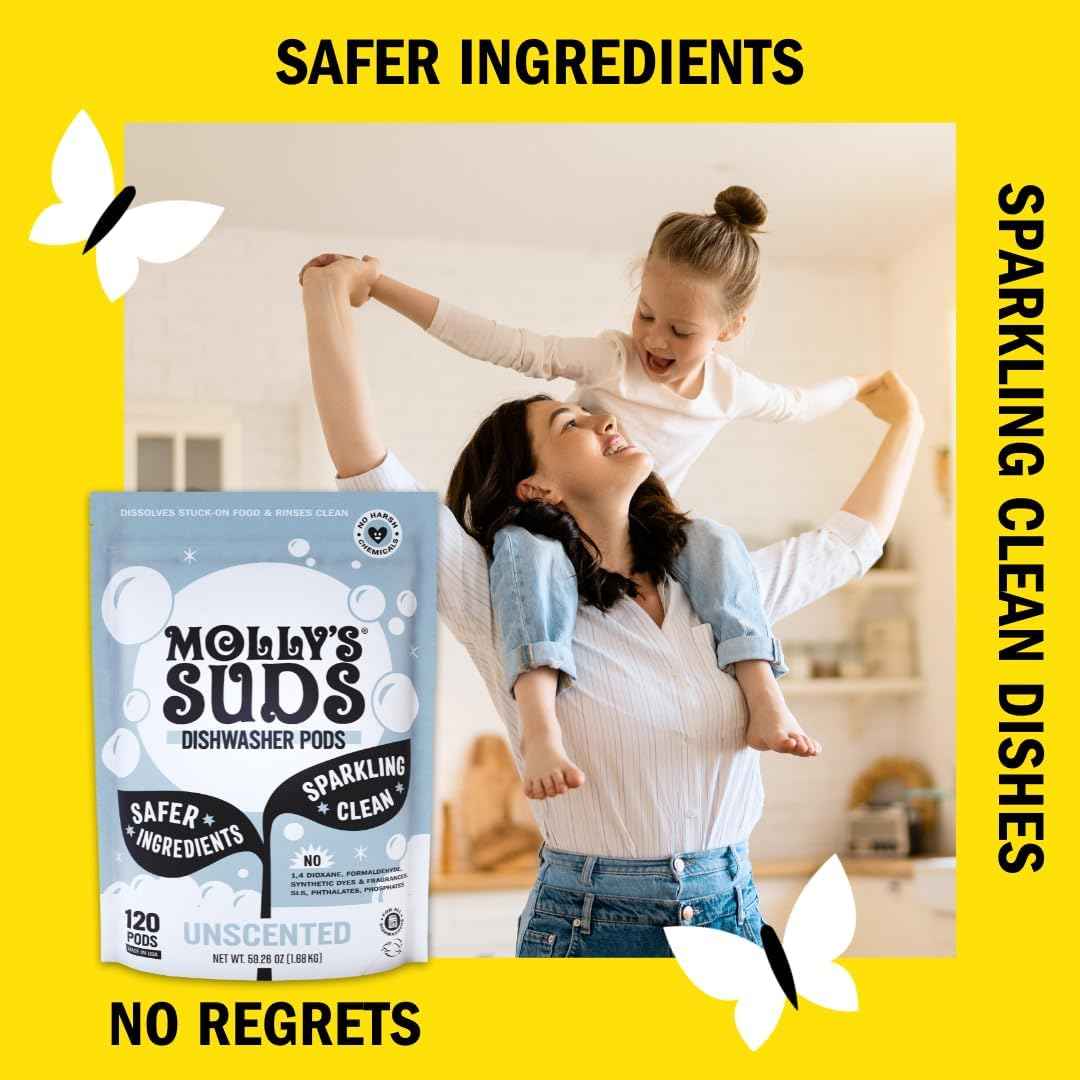 Molly's unscented dishwasher pods, 60-count, grease-cutting, eco-friendly, residue-free cleaning