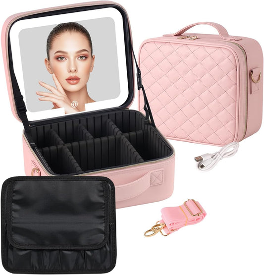 BEAUTY CASE Makeup Case with LED Light Mirror, 10 Inch Portable Travel Cosmetic Organizer Bag with Adjustable Dividers, Rechargeable, Large Capacity, Bright Lighting, Gift for Women Girls, Pink