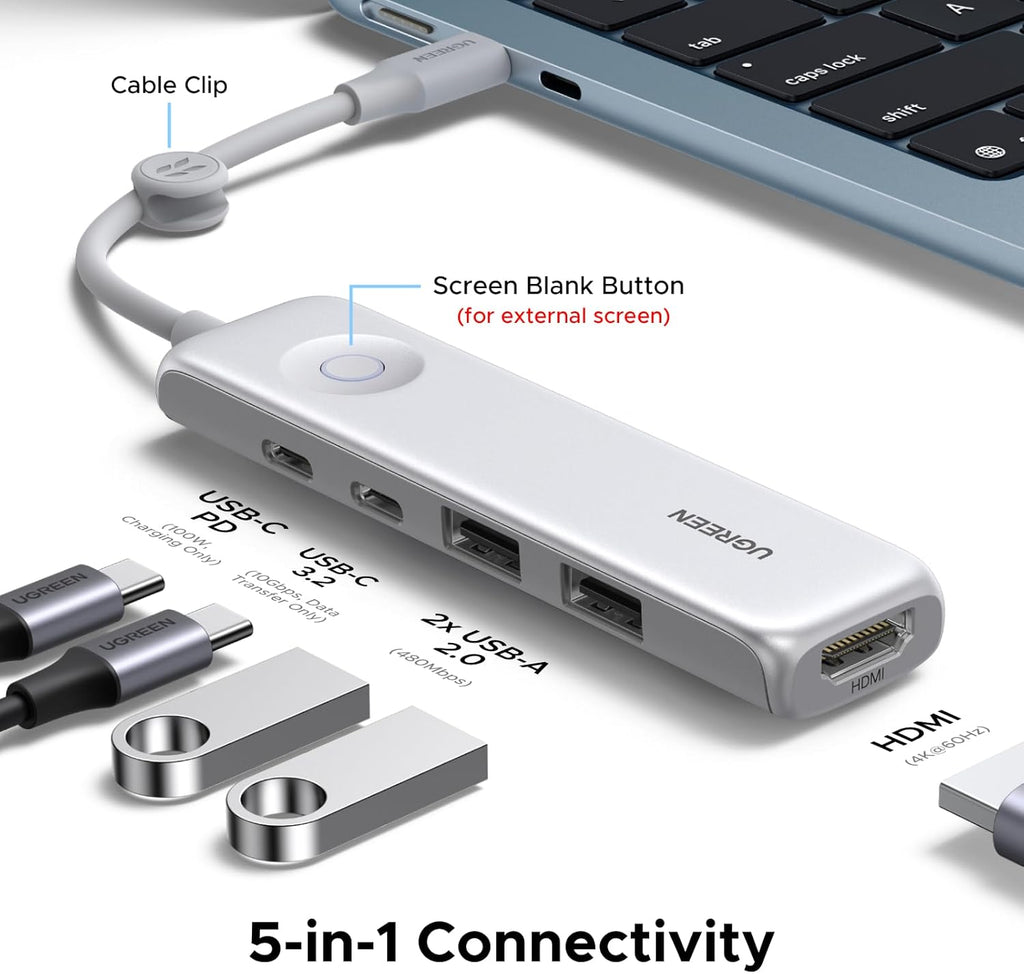 UGREEN USB C Hub 10Gbps Data Transfer, 4K@60Hz HDMI, 100W Power Delivery, 5-in-1 Slim Portable Multiport Adapter with Lock-Screen Button & Cable Clip,Compatible with MacBook Air/Pro,Windows Laptops