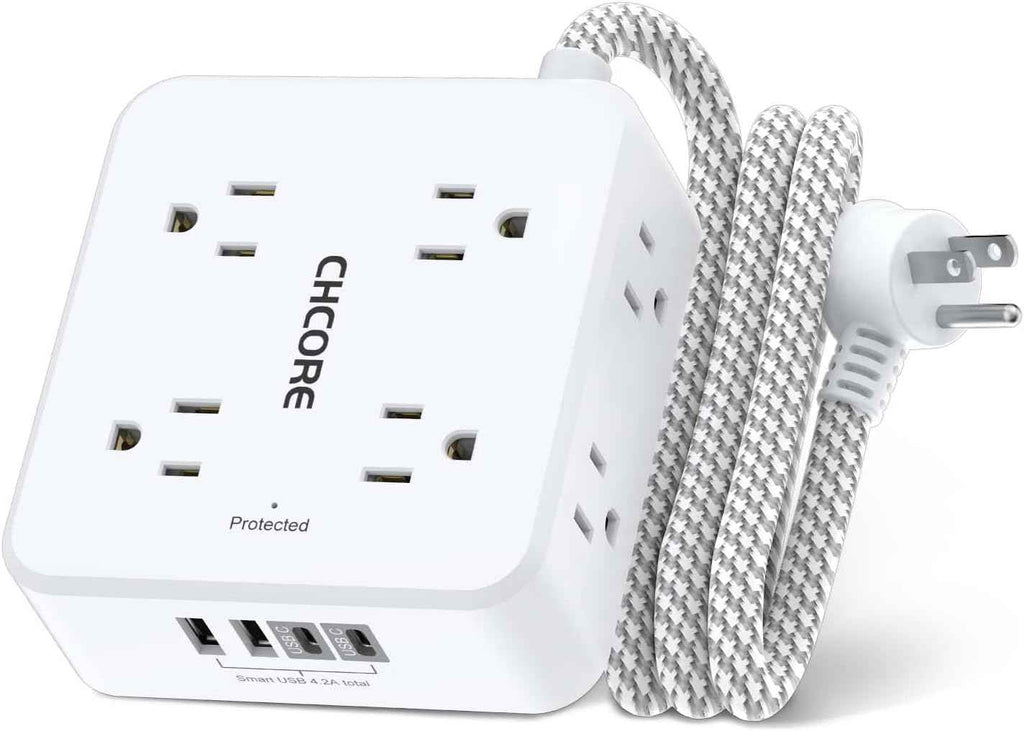 Surge Protector Power Strip - CHCORE 5Ft Braided Extension Cord with 8 Outlets with 4 USB (2 USB C) Charging Ports, Flat Plug Multi Plug Outlet Extender Charging Station for Home Office, ETL, White