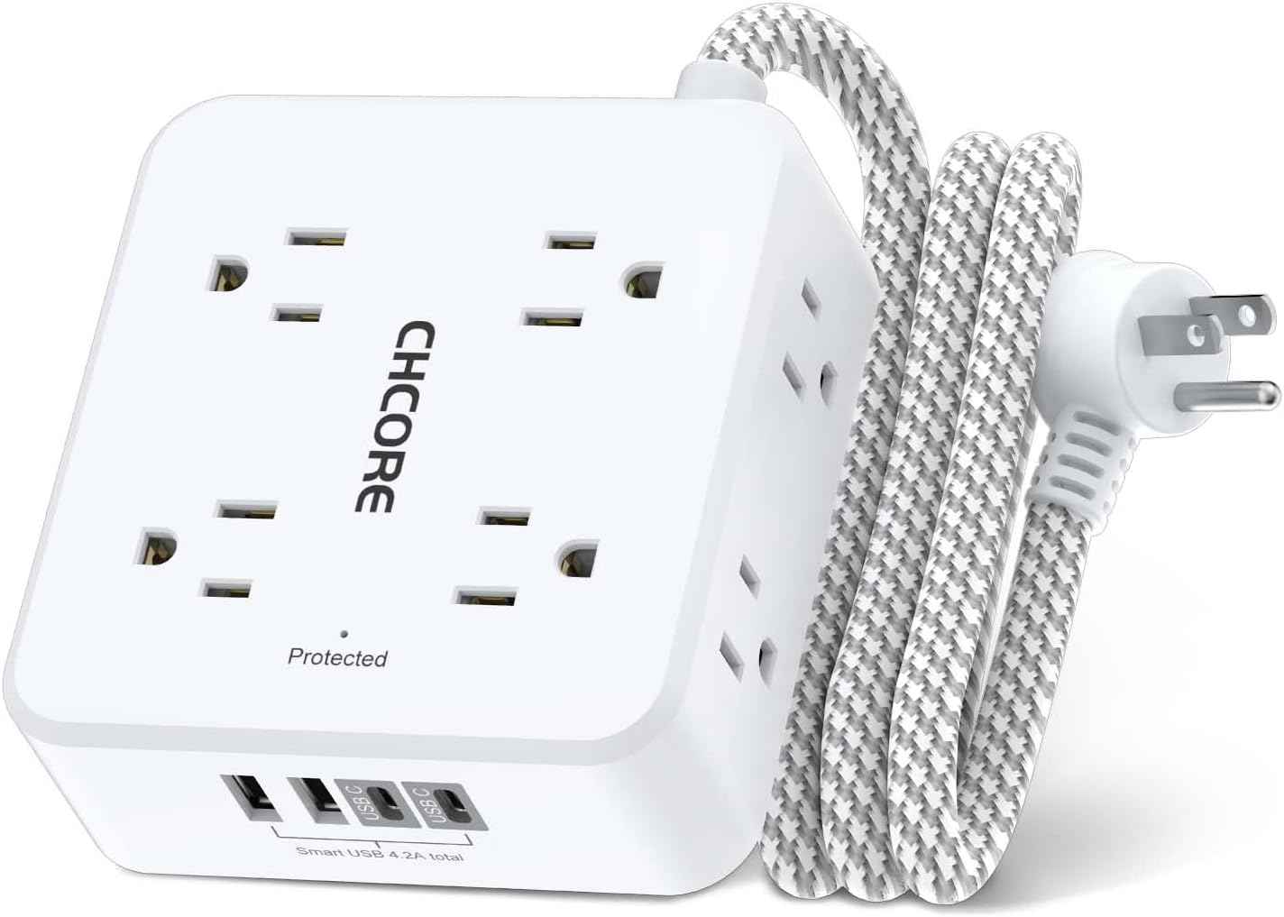Surge Protector Power Strip - CHCORE 5Ft Braided Extension Cord with 8 Outlets with 4 USB (2 USB C) Charging Ports, Flat Plug Multi Plug Outlet Extender Charging Station for Home Office, ETL, White