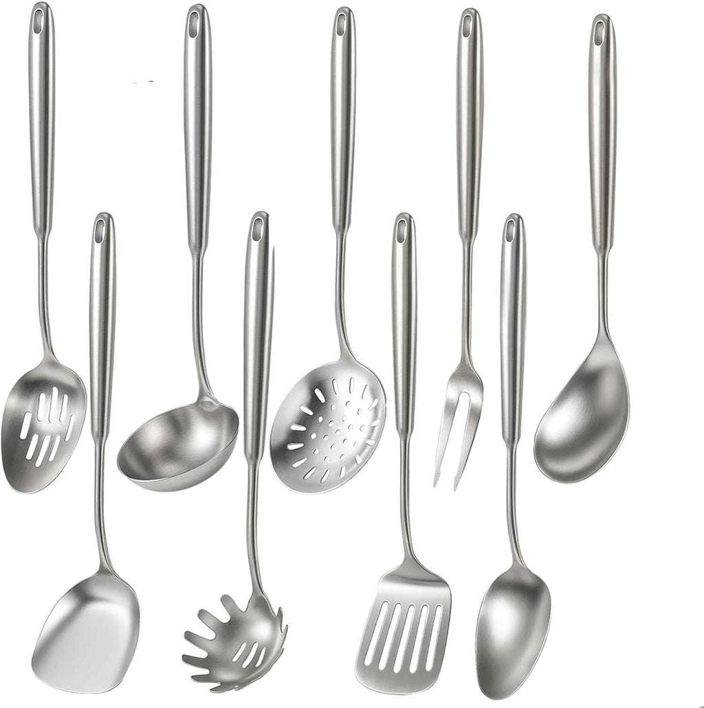 Newness 16 Pcs Cooking Utensils Set, 304 Stainless Steel Kitchen Utensils Set, Metal Kitchen Accessories, Include Soup Ladle, Slotted Skimmer Spoon, Spaghetti Spoon and Spatula, Dishwasher Safe