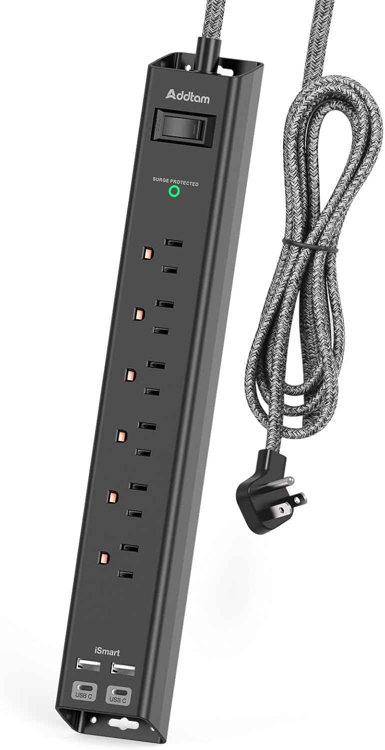 Surge protector power strip with 6 AC outlets and 4 USB ports, flat plug, 1875W/15A, overload protection