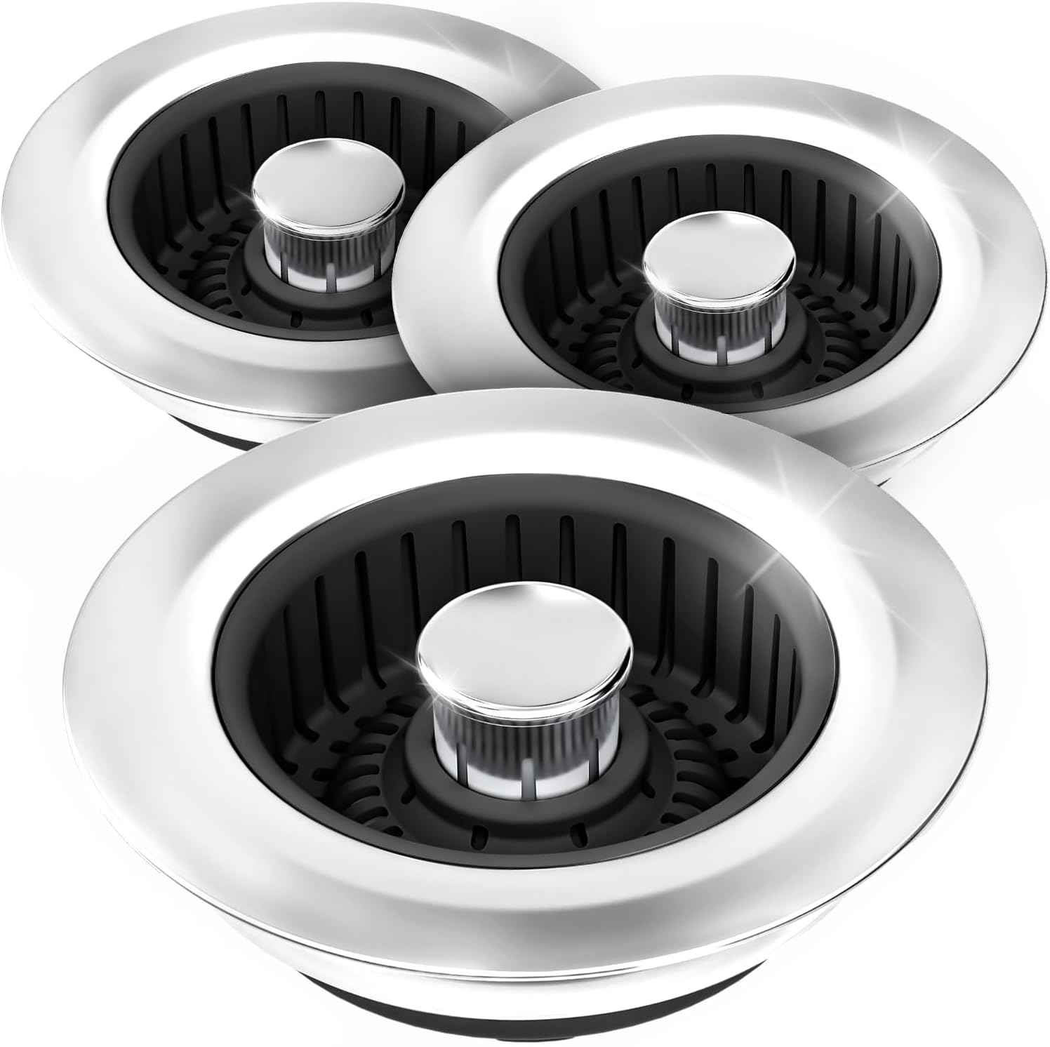 Upgraded 3in1 Kitchen Sink Drain Strainer & Sink Stopper, Stainless Steel Kitchen Drain Plug & Sink Installation Parts with Anti-Clogging Basket, Fit US Standard 3-1/2'' Sink Drain Hole, Silver