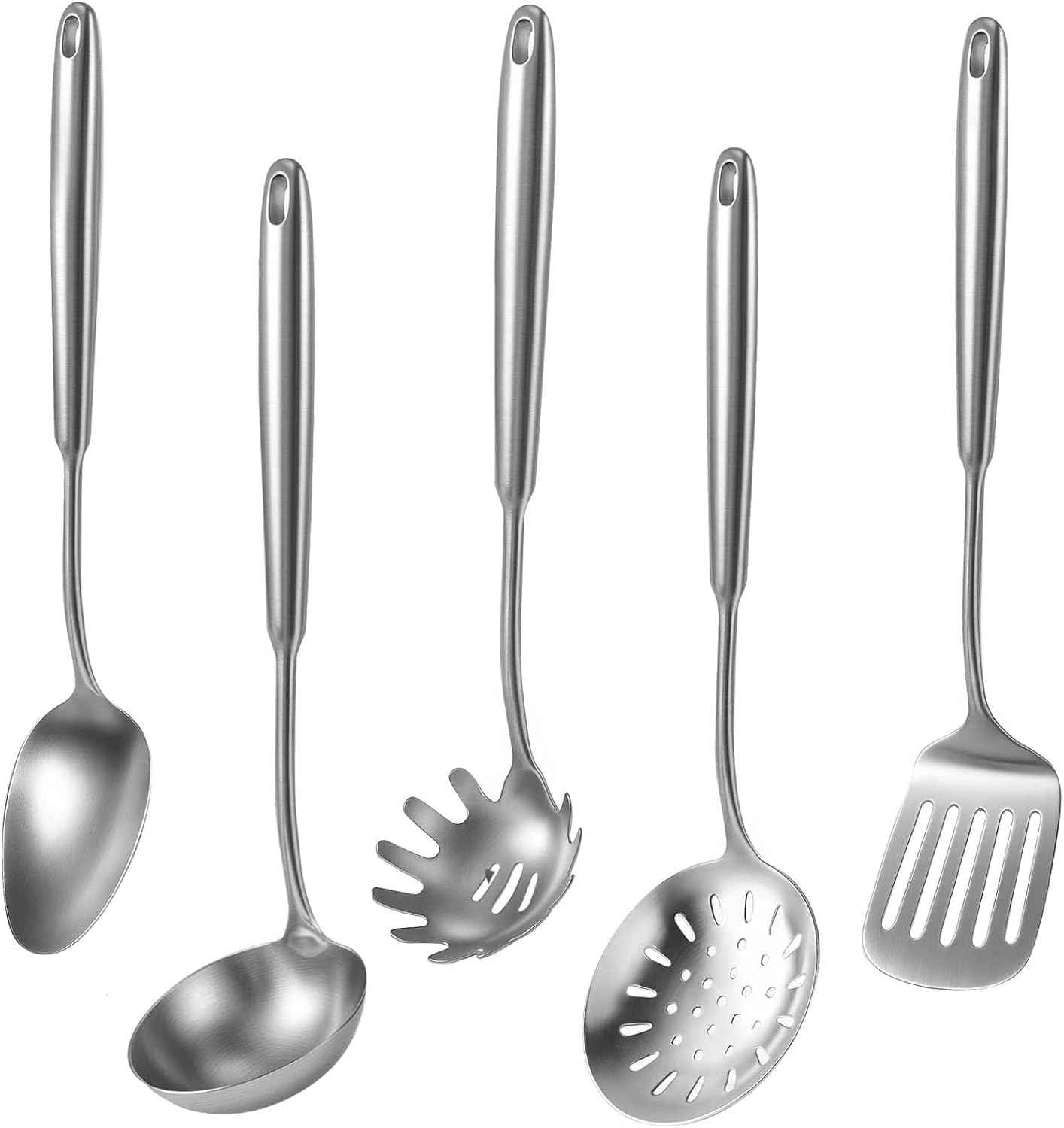 Newness 16 Pcs Cooking Utensils Set, 304 Stainless Steel Kitchen Utensils Set, Metal Kitchen Accessories, Include Soup Ladle, Slotted Skimmer Spoon, Spaghetti Spoon and Spatula, Dishwasher Safe