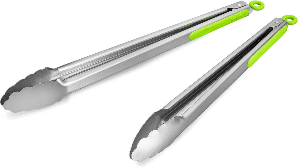 304 Stainless Steel Kitchen Cooking Tongs, 9" and 12" Set of 2 Sturdy Grilling Barbeque Brushed Locking Food Tongs with Ergonomic Grip, Black