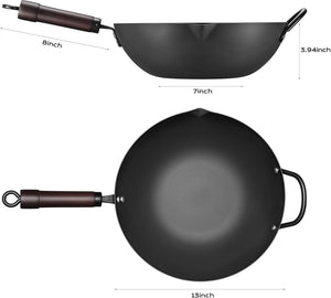 13 inch carbon steel wok nonstick stir-fry pan with lid pre-seasoned 5.8qt flat bottom