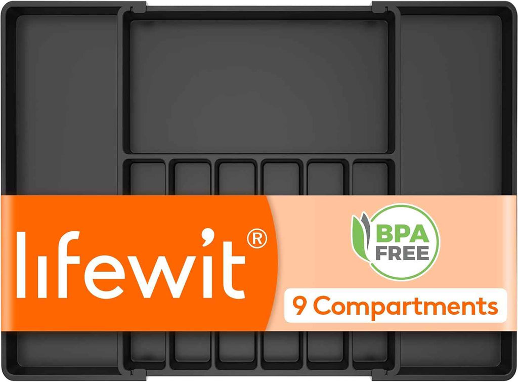 Lifewit Silverware Drawer Organizer, Expandable Utensil Tray for Kitchen, BPA Free Flatware and Cutlery Holder, Adjustable Plastic Storage for Spoons Forks Knives, 8.5-14 x 12", Black