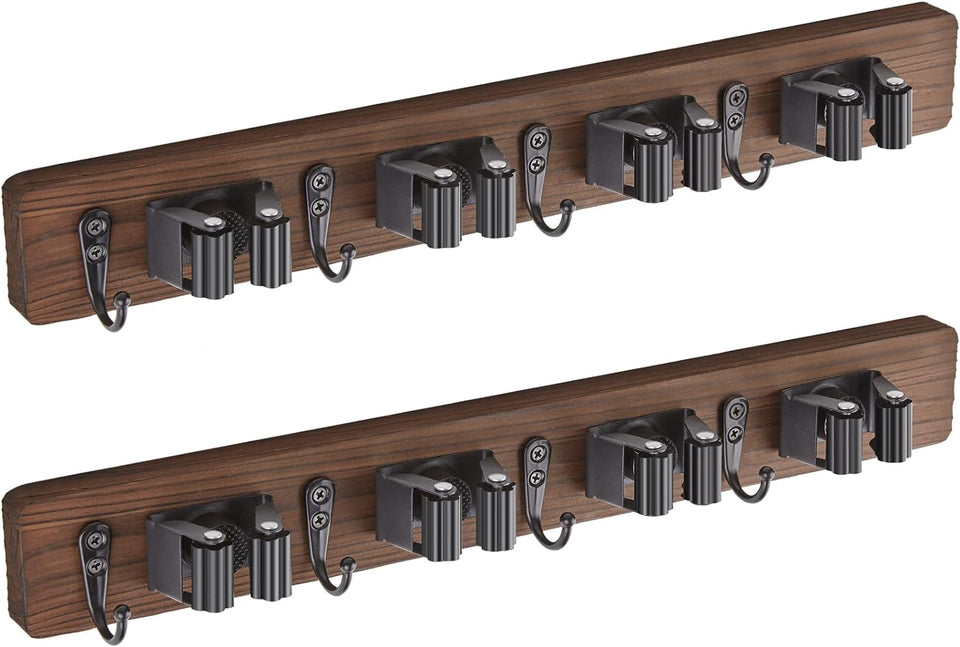 Mop and Broom Holder Wall Mount - Rustic Wood Broom Mop Hanger - Wall Mounted Garden Tool Rack Organizer for Closet Garage Laundry Room Kitchen Decor With 4 Slots & 4 Hooks - ShopUS