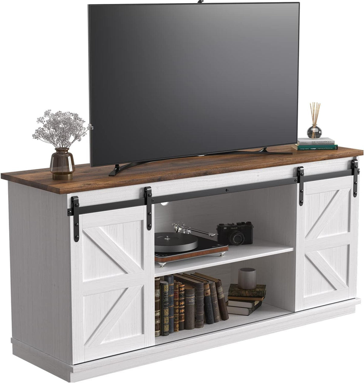 JUMMICO TV Stand for 65 Inch TV, Entertainment Center with Storage Cabinets and Sliding Barn Doors, Mid Century Modern Media TV Console Table for Living Room Bedroom (Bright White)