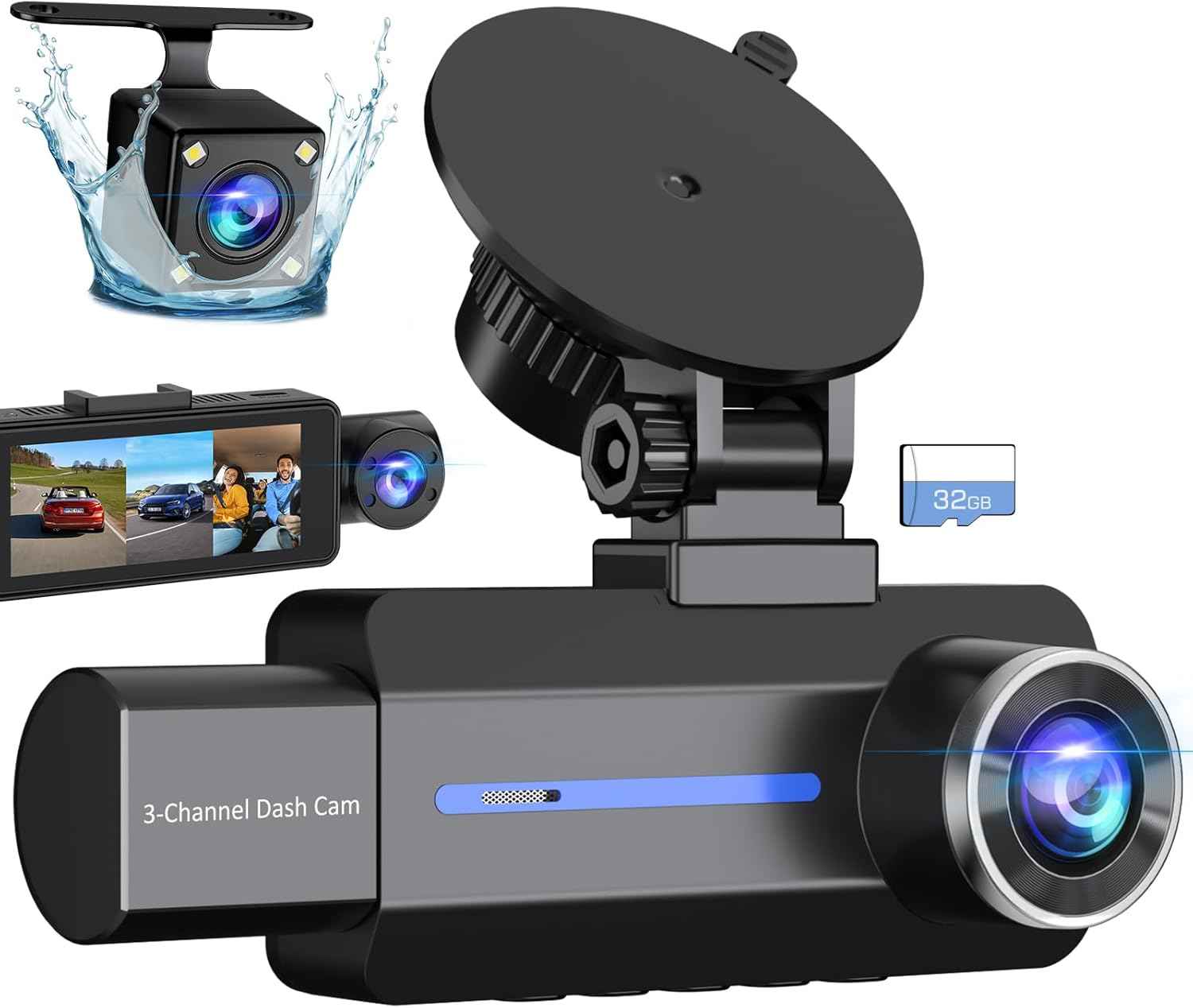 dash cam blue front and rear 2.5k+1440p triple car camera 3 channel with 32gb card
