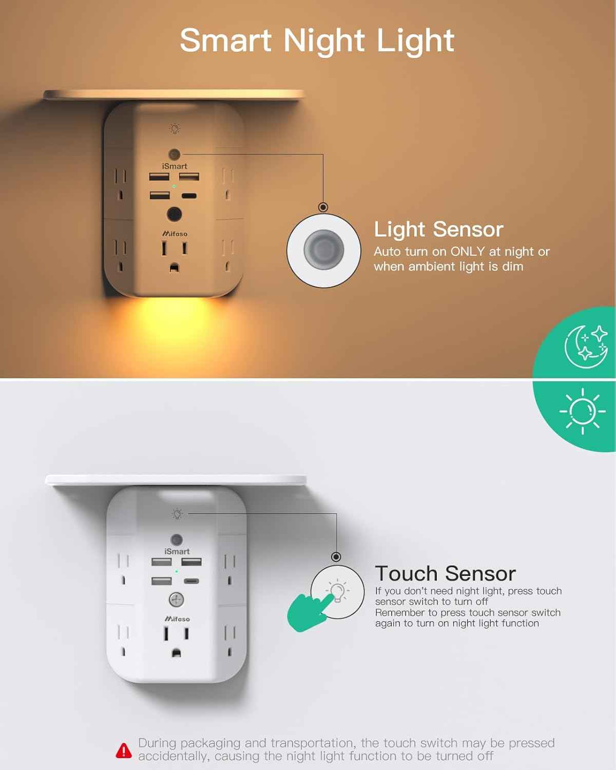 Mifaso 3-sided multi-plug power strip with shelf, night light, and surge protector, white