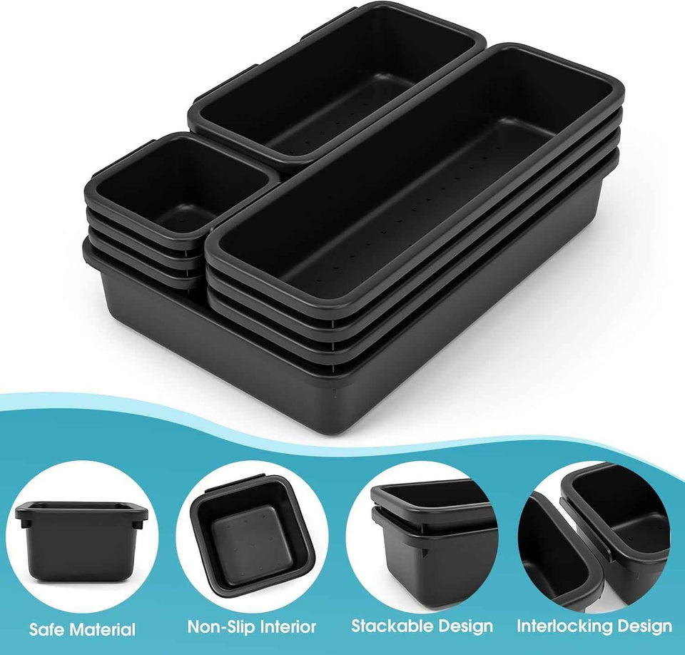 10 PCS Drawer Organizer Set, 4 Size Makeup Drawer Divider Organizer With Non-Slip Pads, Interlocking Plastic Storage Bins for Office,Jewelry Vanity,Gadgets, Bathroom,Kitchen, Black