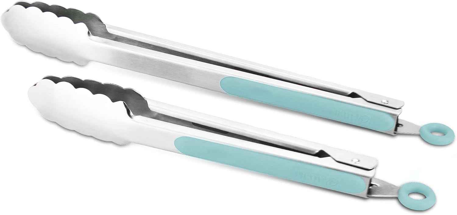 304 Stainless Steel Kitchen Cooking Tongs, 9" and 12" Set of 2 Sturdy Grilling Barbeque Brushed Locking Food Tongs with Ergonomic Grip, Black