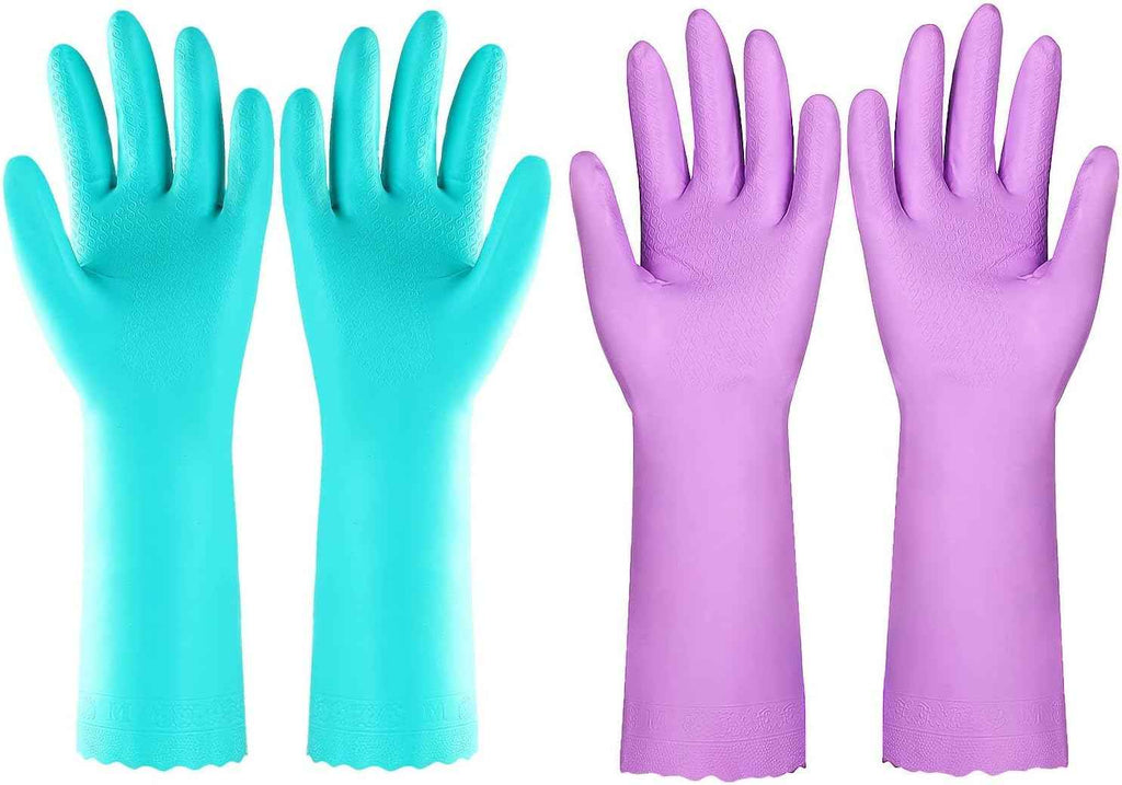 Elgood Reusable Dishwashing Gloves, Latex-free Cotton Lining, 2 Pairs, Purple and Blue, Medium