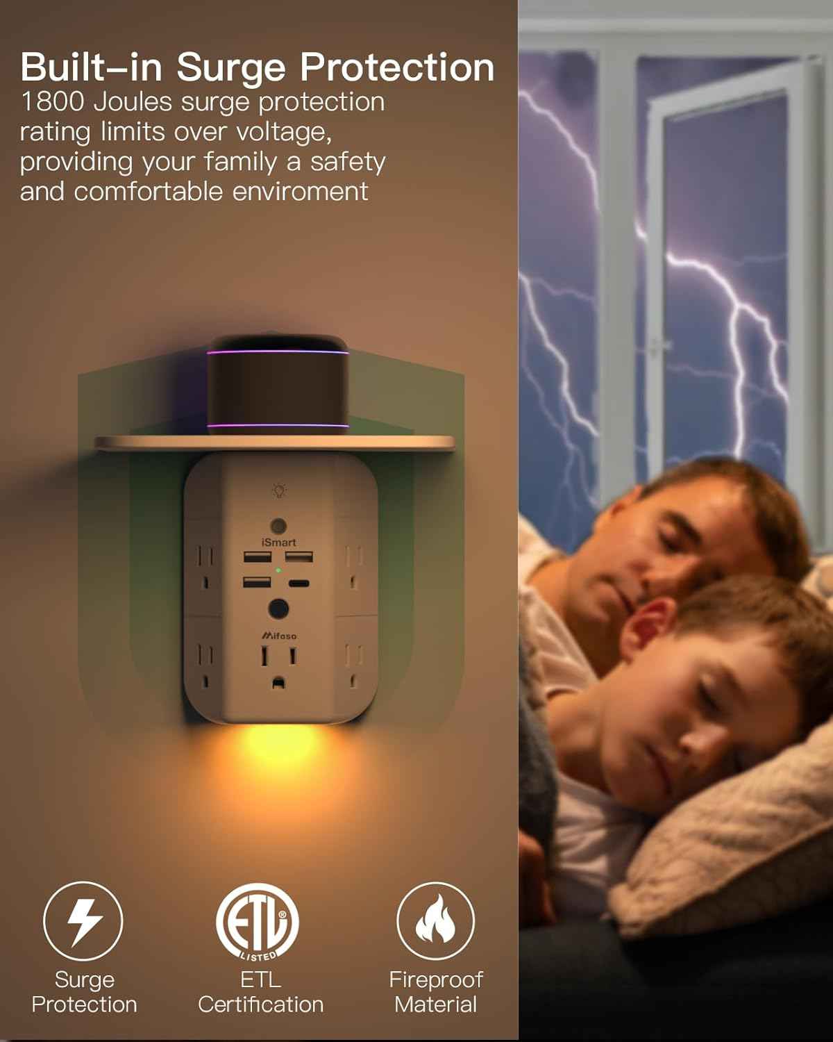 Mifaso 3-sided multi-plug power strip with shelf, night light, and surge protector, white