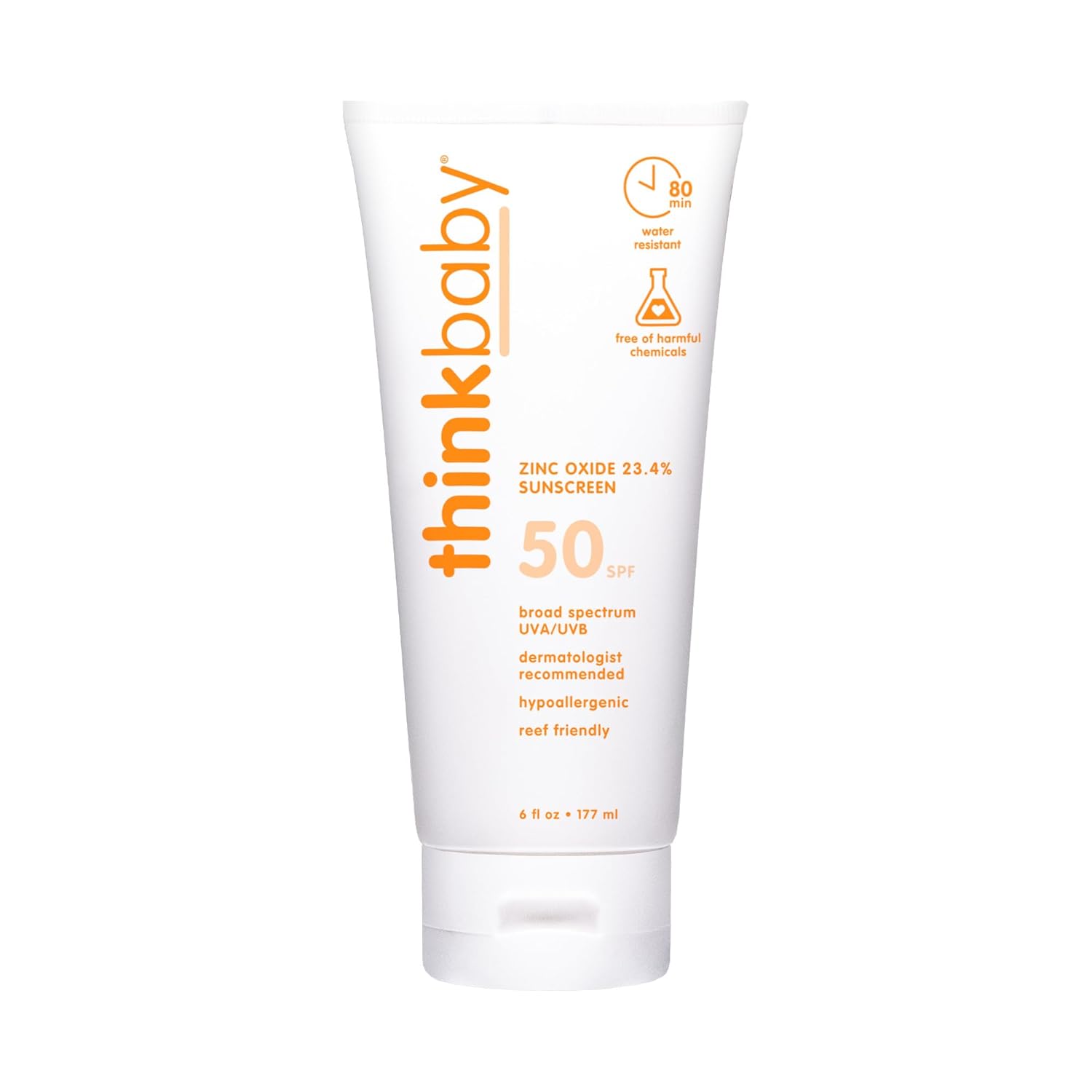 Thinkbaby SPF 50+ Baby Sunscreen, 6 Oz. – Safe, Natural Mineral Sun Cream for Babies - Water Resistant – Broad Spectrum UVA/UVB Sun Protection – Vegan Sunscreen for Kids