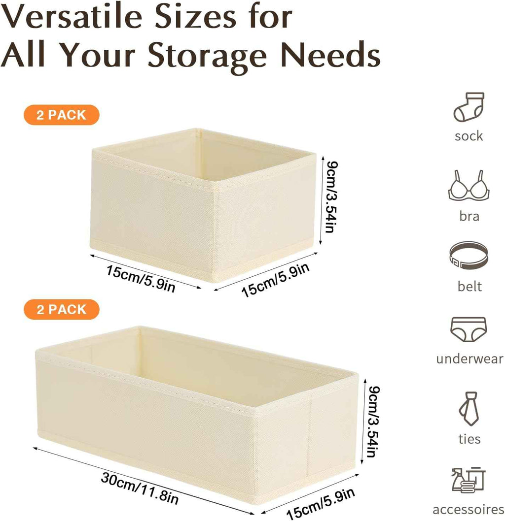 DIMJ Drawer Organizers Clothes, Set of 4 Dresser Organizer Bins, Fabric Closet Organizers and Storage, Shallow Drawer Dividers for Nursery, Clothing, Baby Clothes, Socks, Underwears, Tie (Beige)