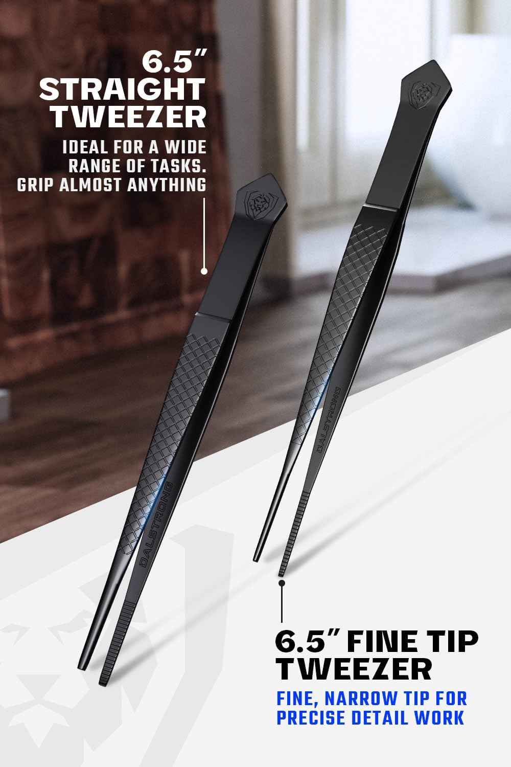 Dalstrong professional food tweezers 4pc set, 6.5", black titanium coating, multi-use, 304 stainless steel, culinary fine use, metal kitchen tongs