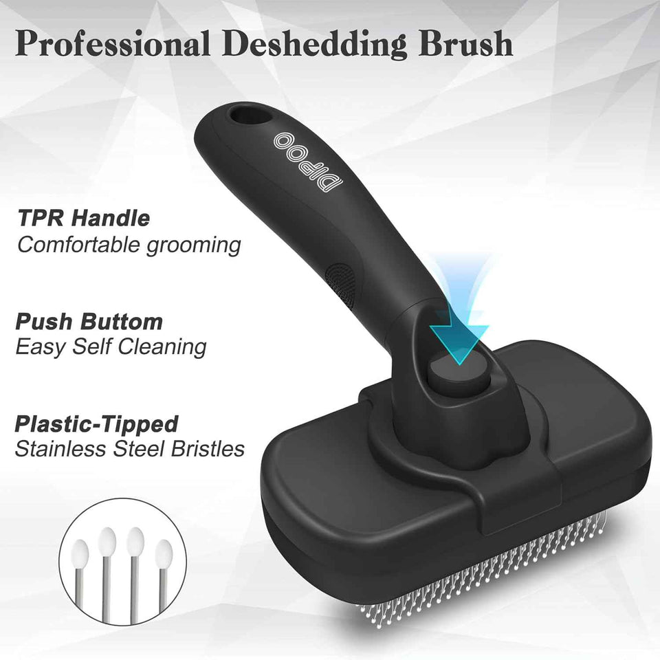 Self-Cleaning Shedding Brush for Medium to Long Haired Dogs, Cats, and Puppies, Skin Friendly Grooming Tool, Black