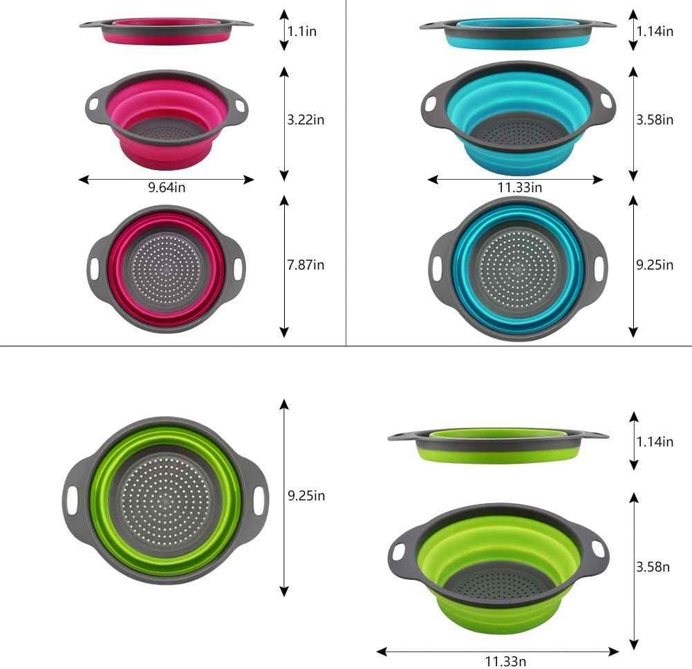 Qimh Collapsible Colander Set, 3-Piece Round Silicone Kitchen Strainer, 4-Quart & 2-Quart