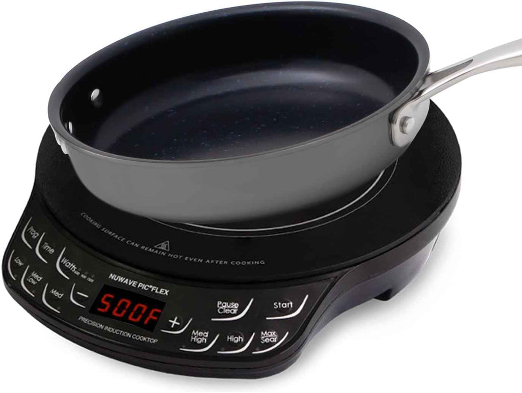 NUWAVE Flex Precision Induction Cooktop, 10.25” Shatter-Proof Ceramic Glass, 6.5” Heating Coil, 45 Temps from 100°F to 500°F, 3 Wattage Settings 600, 900 & 1300 Watts, 9” Duralon Ceramic Pan Included