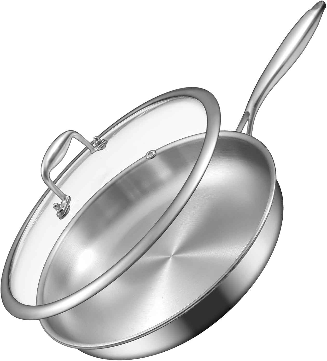 EWFEN 12 Inch Tri-Ply Stainless Steel Frying Pan, Compatible with All Cooktops Up to 600℉, Large Frying Pan with lids, Induction-Ready Skillet, Dishwasher and Oven Safe, Even Heat, 12" Saute Pan+Lid