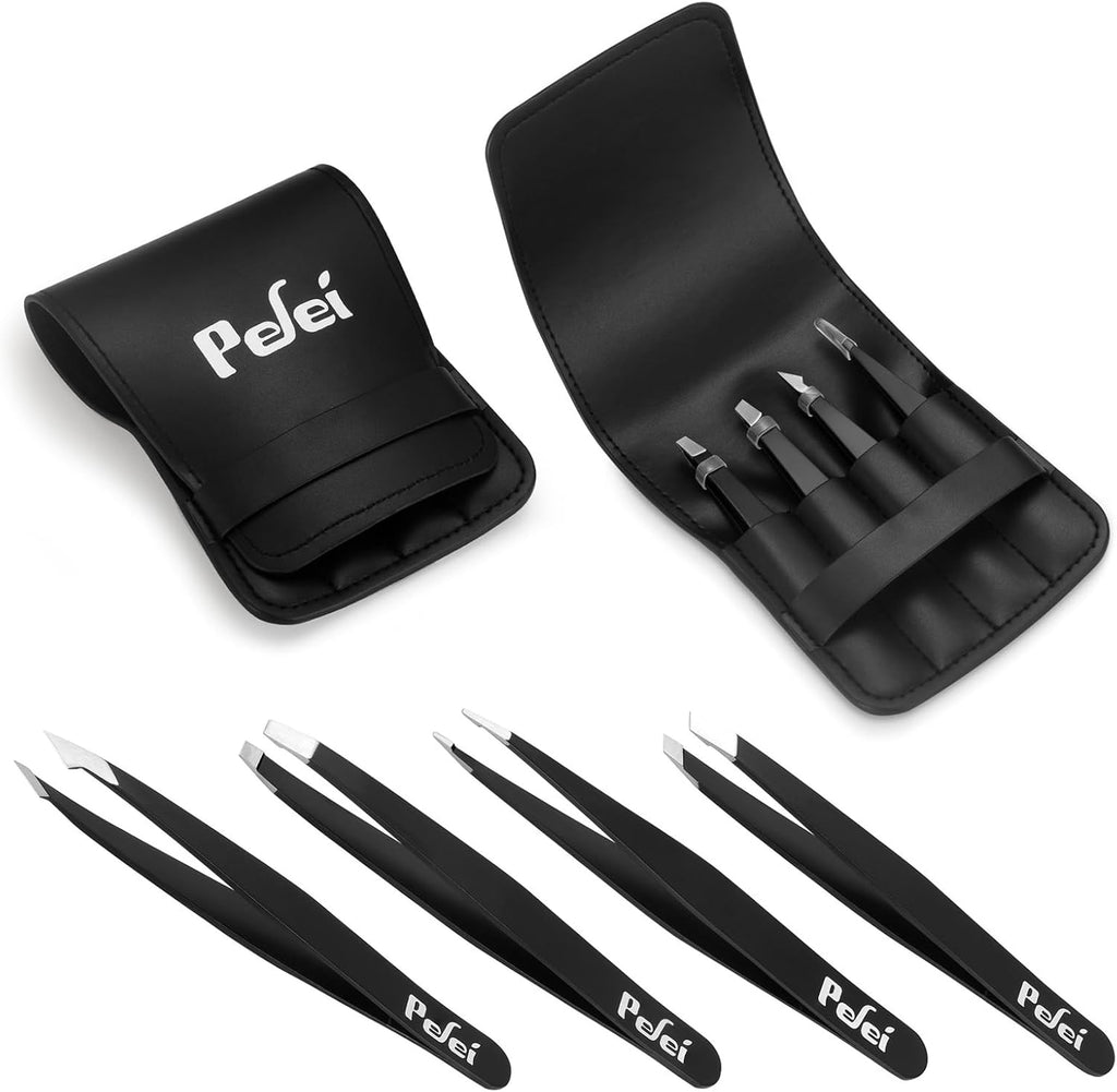 pefei professional stainless steel tweezers set for eyebrows facial hair removal black