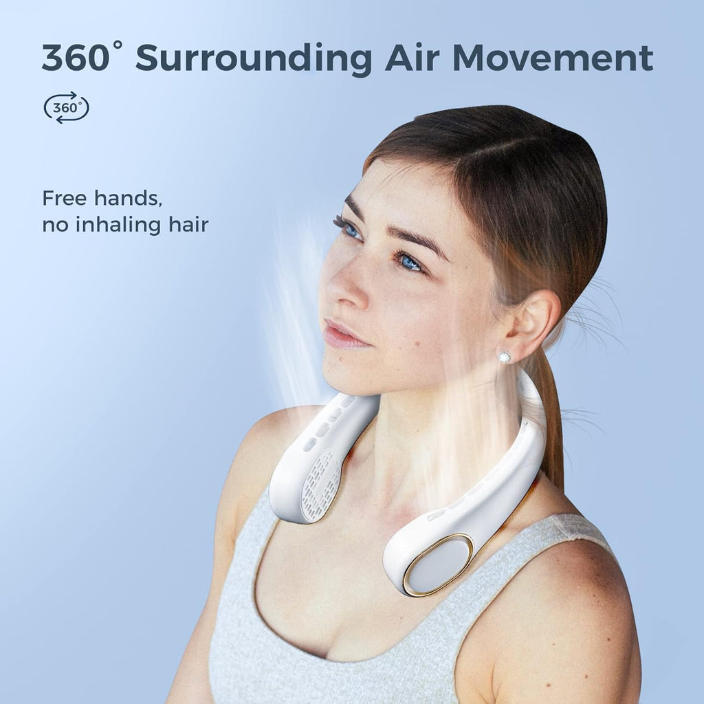 MFEESYOB Neck Fan, Neck Fans Portable Rechargeable, 5000mAh Battery Operated Bladeless Design with 3 Adjustable Speeds, Ultra-Quiet, 360° Faster Cooling, Suitable for Outdoor Sports, Travel, White