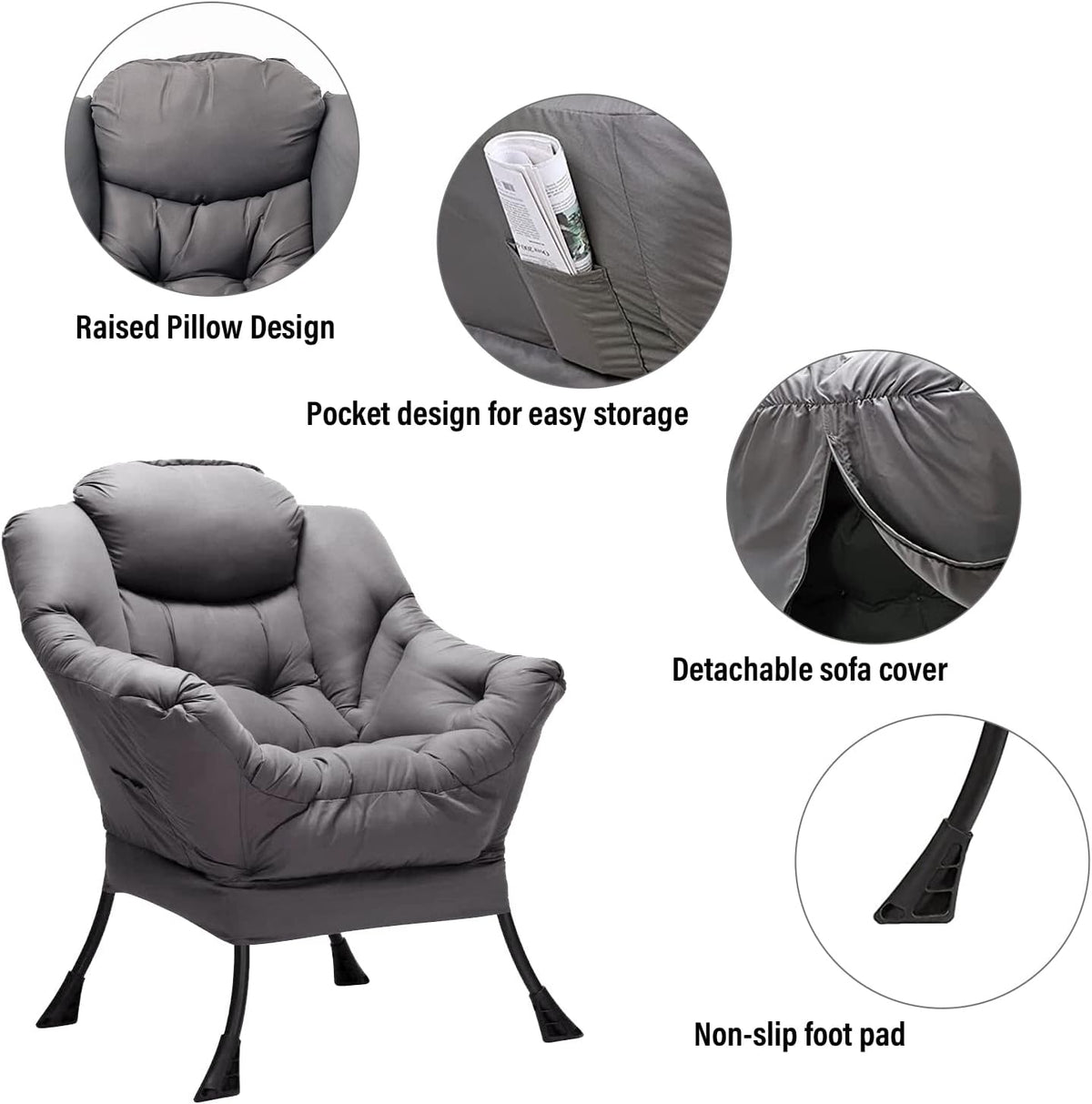 Welnow Lazy Chair with Ottoman, Modern Lounge Accent Chair with Armrests and a Side Pocket, Leisure Sofa Armchair, Reading Armchair with Footrest for Small Space, Dark Grey