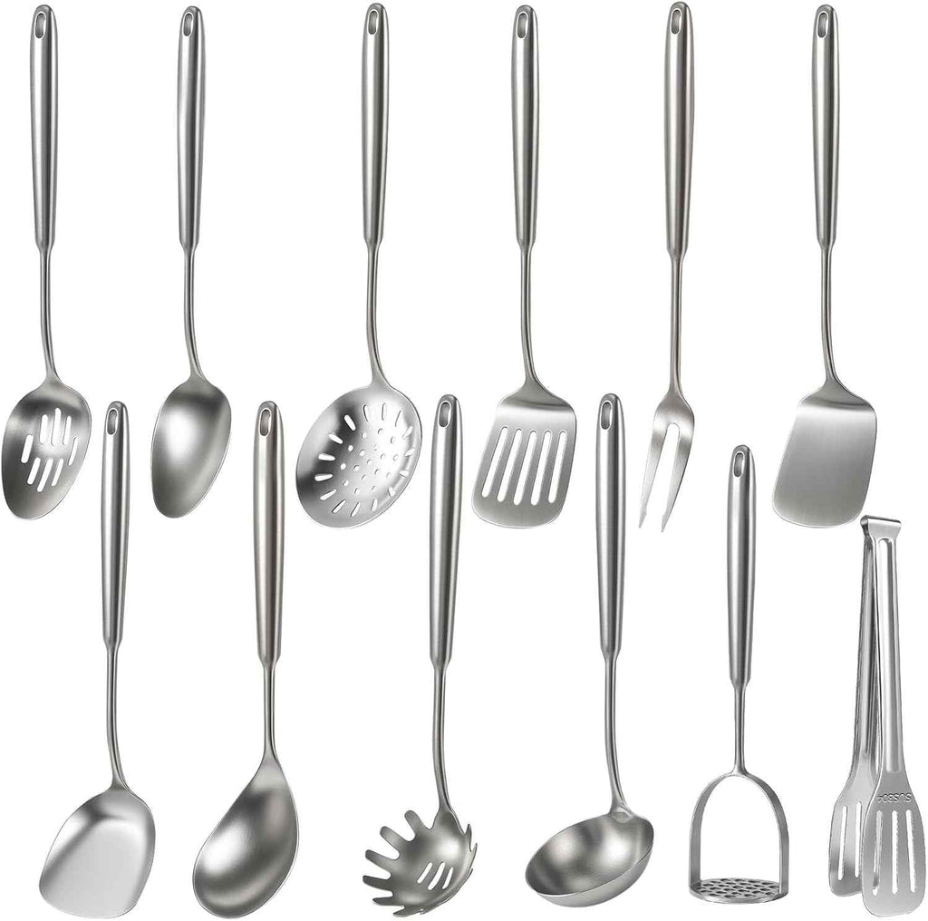 Newness 16 Pcs Cooking Utensils Set, 304 Stainless Steel Kitchen Utensils Set, Metal Kitchen Accessories, Include Soup Ladle, Slotted Skimmer Spoon, Spaghetti Spoon and Spatula, Dishwasher Safe