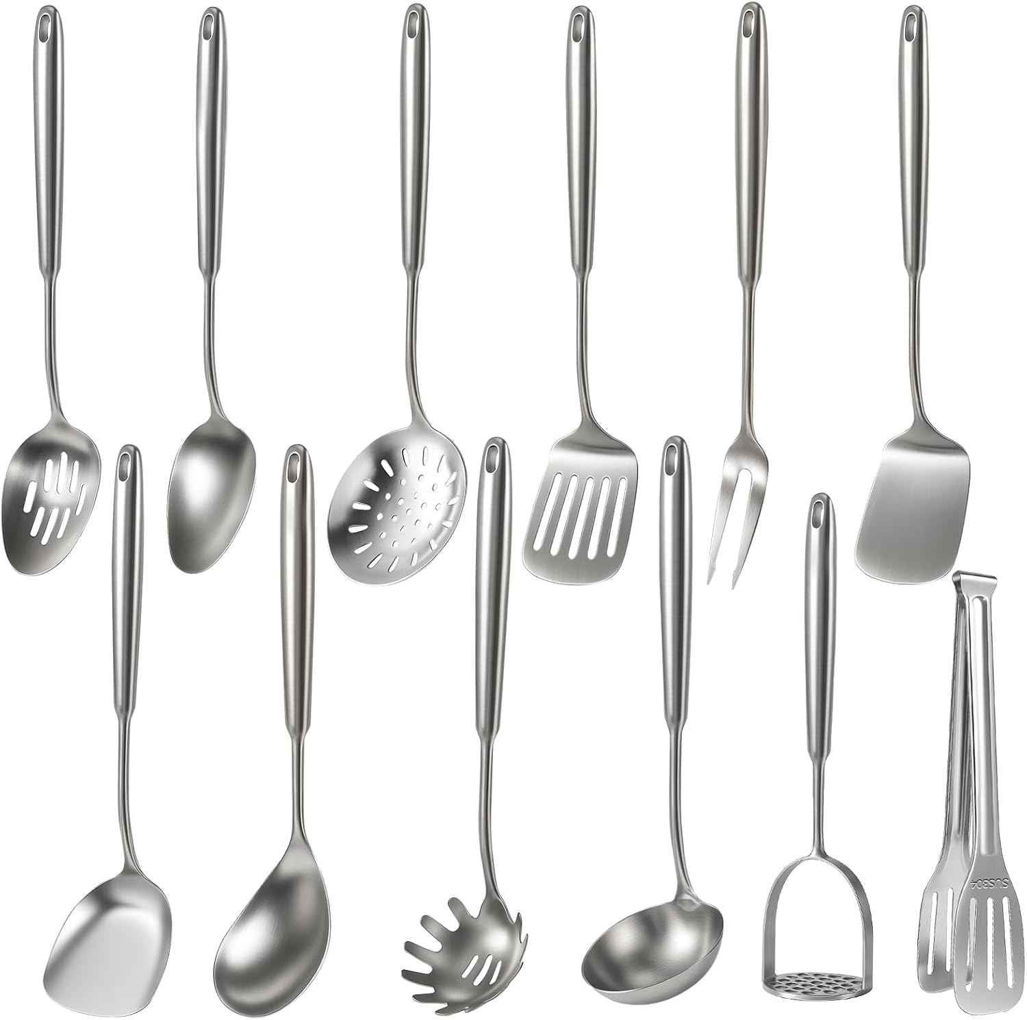 Newness 16 Pcs Cooking Utensils Set, 304 Stainless Steel Kitchen Utensils Set, Metal Kitchen Accessories, Include Soup Ladle, Slotted Skimmer Spoon, Spaghetti Spoon and Spatula, Dishwasher Safe
