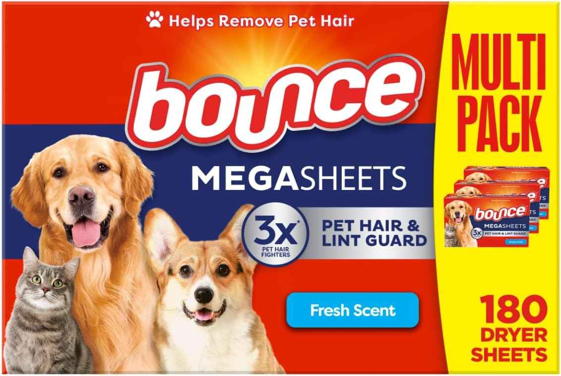 Bounce Pet Hair and Lint Guard Mega Fabric Softener Dryer Sheets, 180 Count, Fresh Scent, 3X Pet Hair Fighters