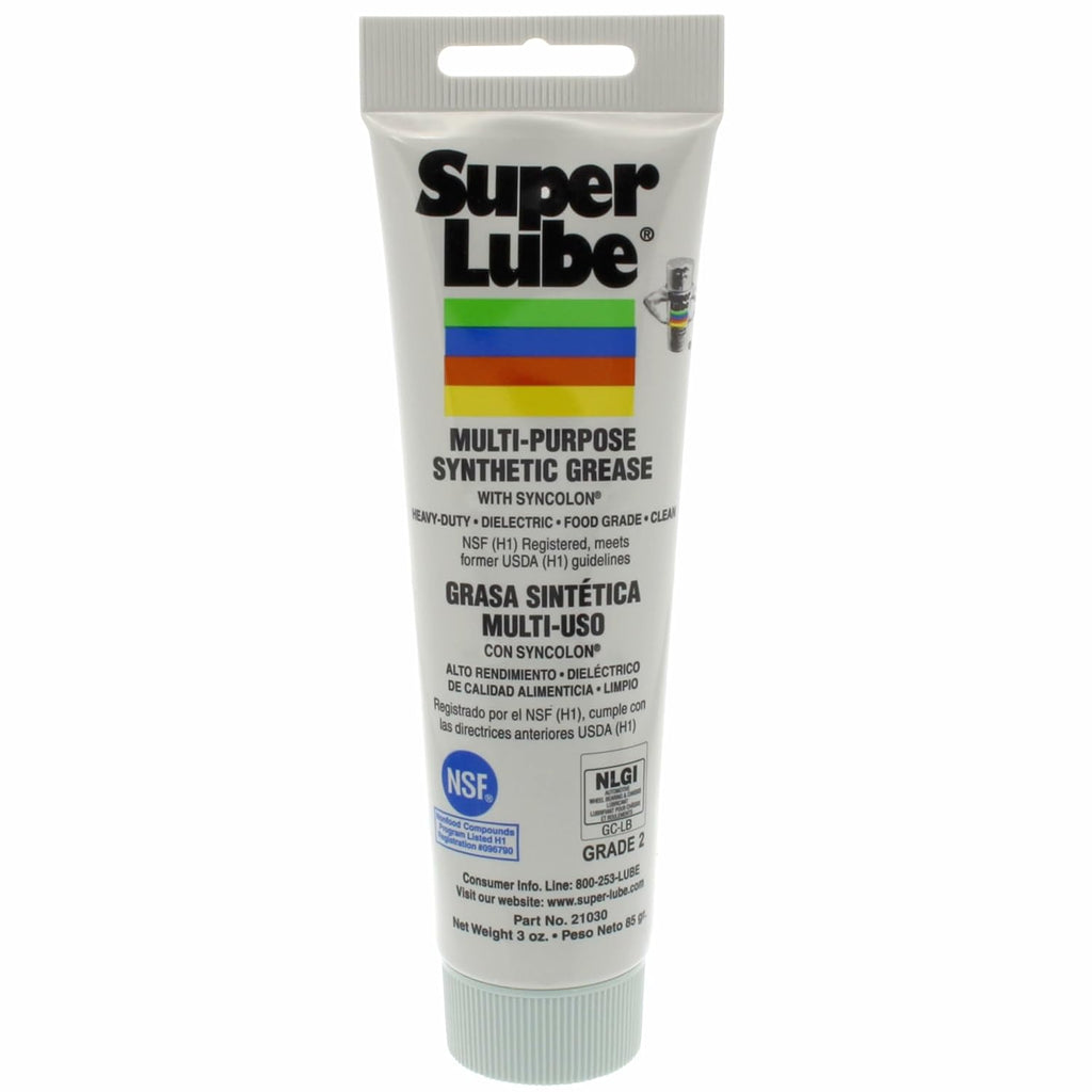 Super Lube Multi-PLrpose Synthetic Grease w/ Syncolon - High Temperature, Water & Corrosion Resistant Grease - Workshop & Industrial Use - Food Grade - Translucent White - Tube - 3 oz (21030)