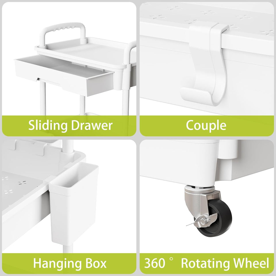 Sorgion 3 Tier Rolling Cart Organizer,Laundry Room Bathroom Organizers and Storage Office Shelves Mobile Shelving Unit Kitchen Trolley Cart with Wheels for Art,Craft,Diaper,Bedside,Snack(White)