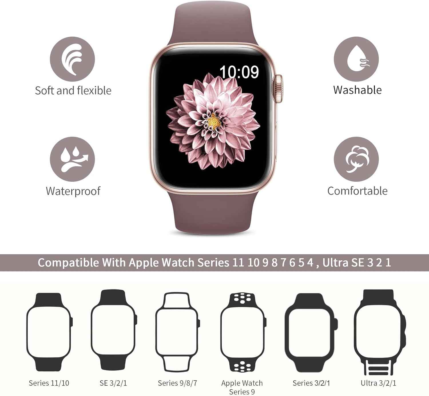 6 pack sport bands for apple watch series 11-1 38mm, 40mm, 41mm, 42mm, 44mm, 45mm, 46mm, 49mm in silicone waterproof strap