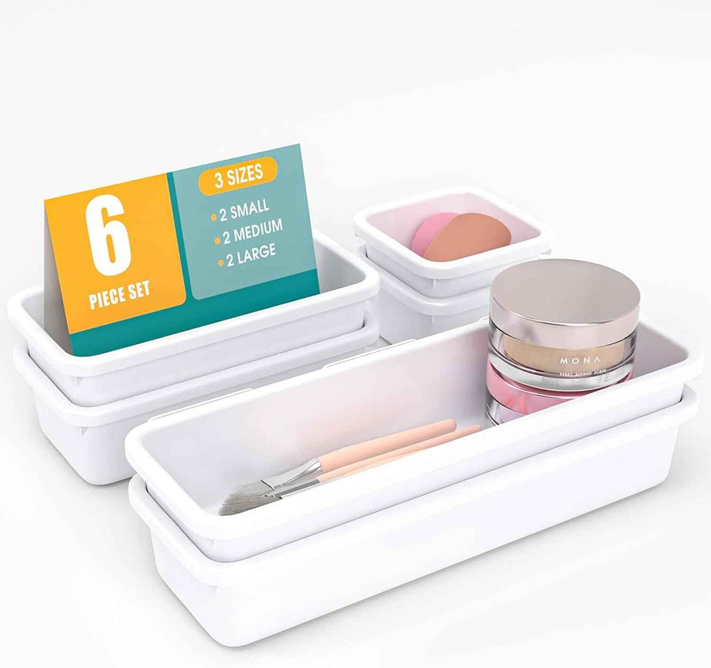 10 PCS Drawer Organizer Set, 4 Size Makeup Drawer Divider Organizer With Non-Slip Pads, Interlocking Plastic Storage Bins for Office,Jewelry Vanity,Gadgets, Bathroom,Kitchen, Black